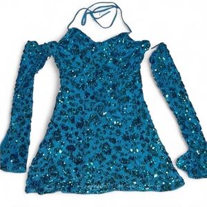 Sparkling Blue Showgirl Sequin Dress with Off Shoulder Bell Sleeves Large